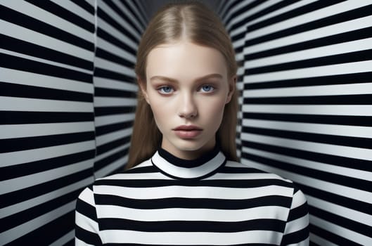 Radiant Glamour model portrait on stripes style. Happy fun girl with sexy lips. Generate Ai