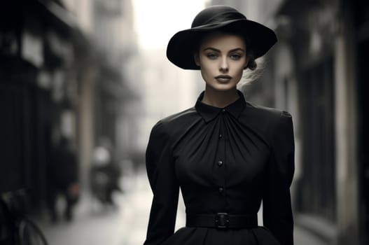 Model walking French. Elegant woman walking in luxury house park. Generate ai