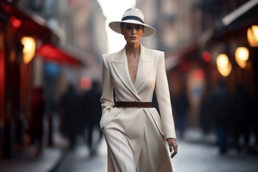 Effortless Model walking French. Elegant woman walking in luxury house park. Generate ai
