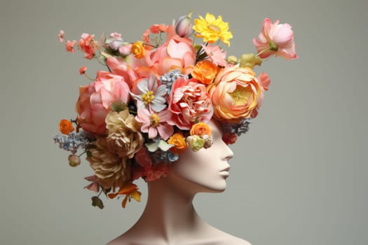 Mesmerizing Model with head decorated with flowers. Artistic gorgeous pink floral hairstyle. Generate ai