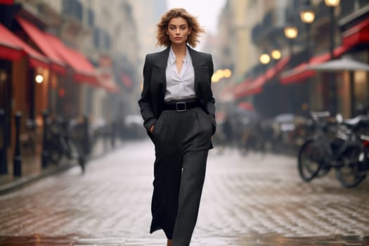 Stylish Model walking French. Elegant woman walking in luxury house park. Generate ai