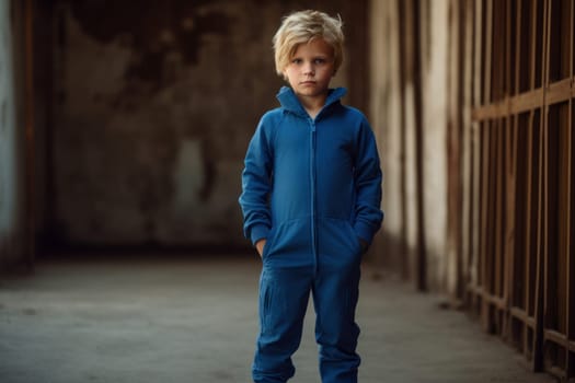 Secluded Modern child underground bunker. Blue jumpsuit. Generate Ai