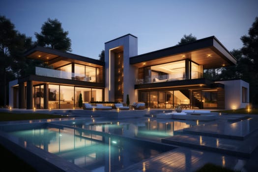 Affordable Modern sunny house. With green grass. Generate Ai