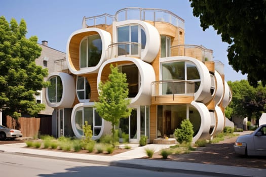 Innovative Modern eco friendly homes at morning sunrise. Apartment home sun industry living. Generate Ai