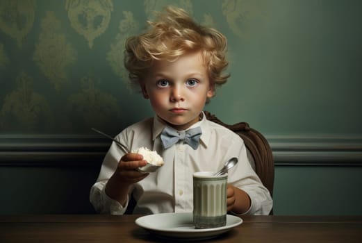 Convenient Little boy yogurt. Milk breakfast little kid meal. Generate Ai