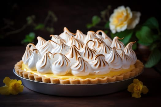 Vibrantly-zesty Lemon meringue pie in sunlight. Sweet homemade pastry tart dessert. Generate ai