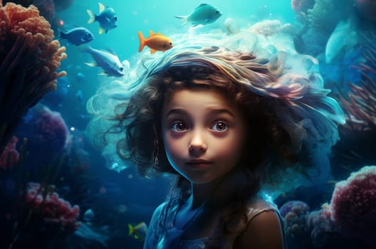 Adventurous Little girl undersea world. Water leisure. Generate AI