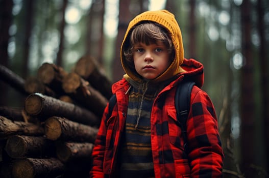 Fearless Lumberjack child forest. Natural forestry. Generate Ai