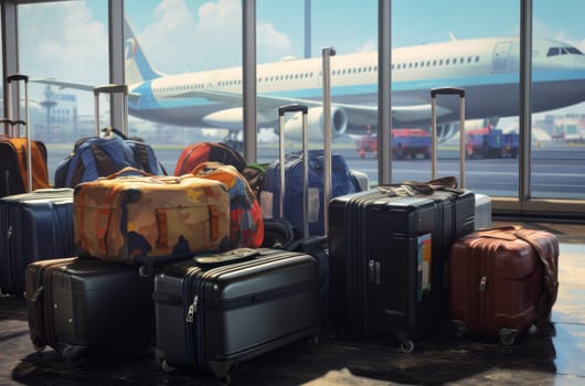 Luggage at the airport with planes. Holiday transport. Generate Ai