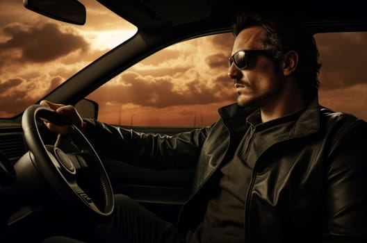 Adventurous Cheerful middle eastern man in old retro car. Transport in sunny day driving. Generate ai