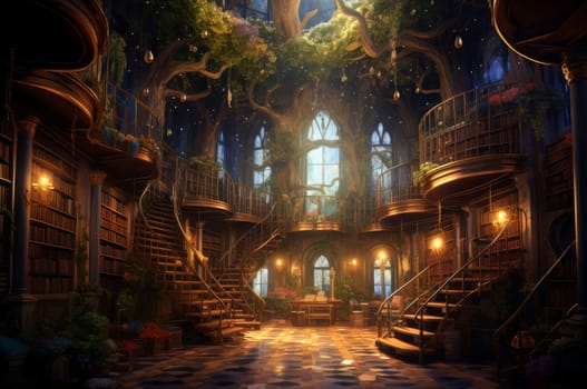 Magic interior library. Old interior light. Generate Ai