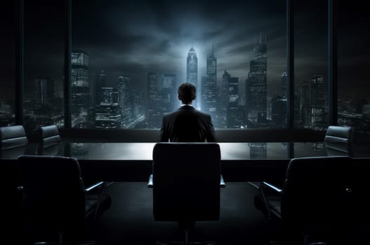Composed Man executive alone in office. Desk business. Generate Ai