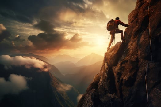 Resilient Man climbing mountain. Man outdoor fit. Generate Ai
