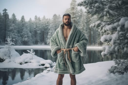 Comfortable Man bath robe smiling. Adult body care. Generate Ai