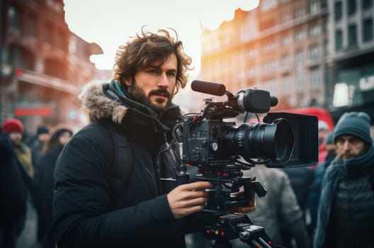 Observant Man cameraman filming. Cinema tv set. Generate Ai