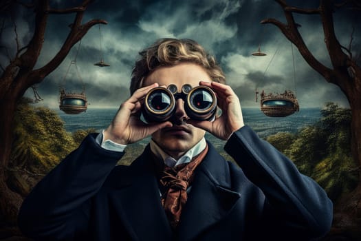 Intent Man carefully look binoculars. Distance discover watch job casual. Generate Ai
