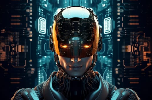 Innovative Man cyber helmet. Play neon game. Generate Ai
