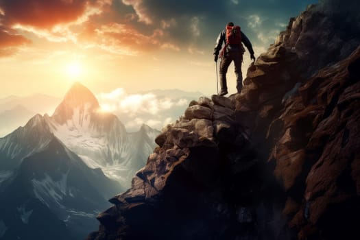 Ambitious Man climbing mountain. Man outdoor fit. Generate Ai