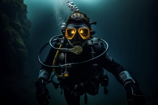 Daring Portrait male scuba diver under the water. Exploring underwater world in diving equipment. Generate ai