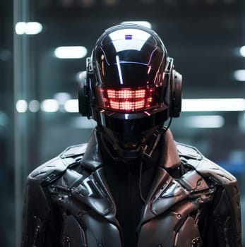 Adjustable Man cyber helmet. Play neon game. Generate Ai