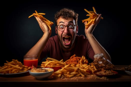 Greasy Man eating french fries. Sauce eating. Generate AI