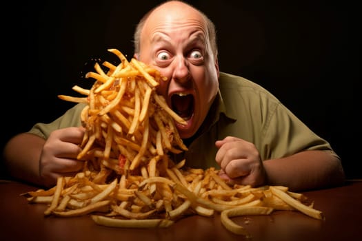 Indulgent Man eating french fries. Sauce eating. Generate AI