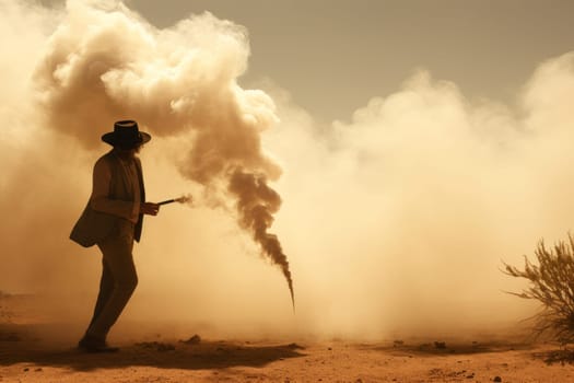Hazy Man desert smoke. Poster action festival. Generate Ai