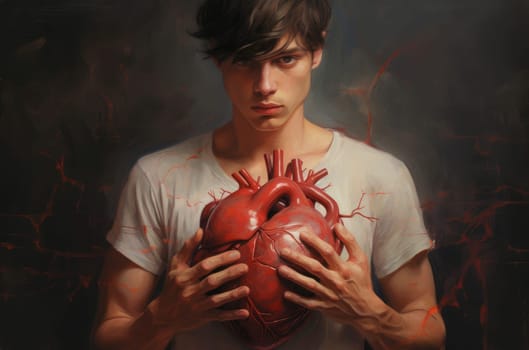 Man digital red heart. Love pain of parting. Generate Ai