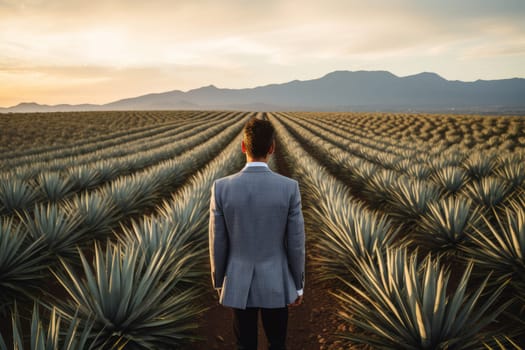 Hardworking Man cowboy agave field. Nature sun sky outdoor landscape. Generate Ai