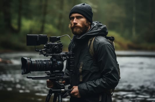 Diligent Man cameraman filming. Cinema tv set. Generate Ai