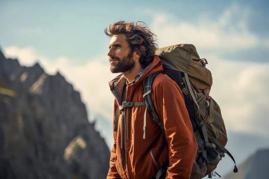 Nature-loving Man hiker backpack. Tourism trip. Generate Ai