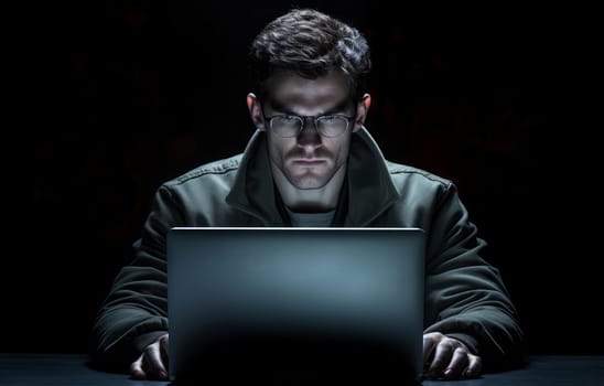 Modern Man glasses laptop. Work person. Generate Ai
