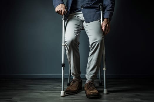 Resilient Man injured leg using crutches. Foot care support hospital patient. Generate Ai