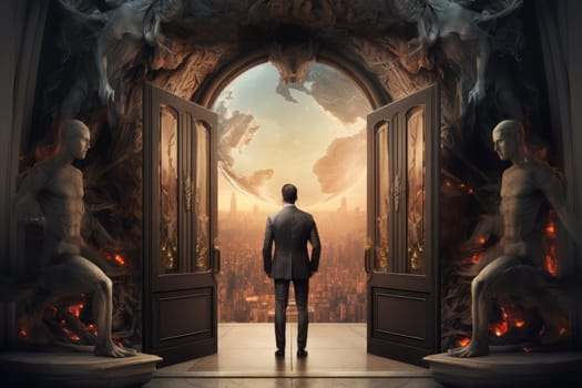 Creative Man fantasy arch world. Life chance. Generate Ai