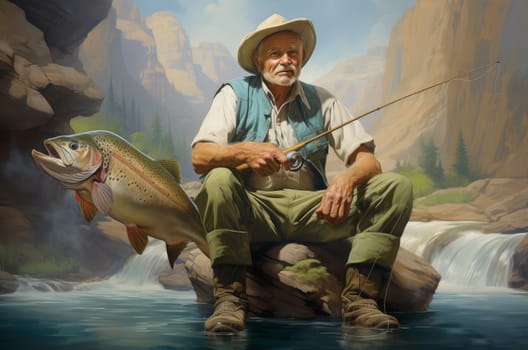 Contented Man holding trout. Person fisher. Generate Ai