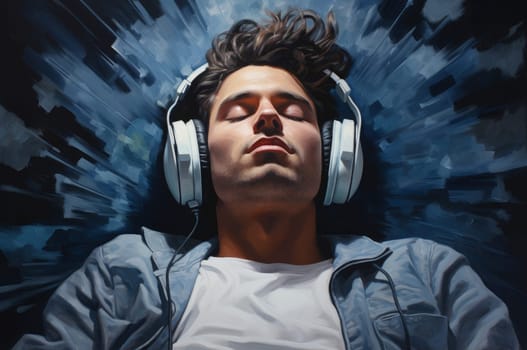 Mesmerized Man listening to music. Guy with headphones walking outside. Generate ai