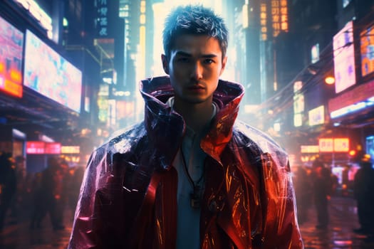 Mysterious Asian man cyberpank. Network modern city. Fictional person. Generate Ai