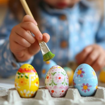 A child's hand paints colorful Easter eggs with a brush. Holiday traditions, creativity, spring art, handmade decorations, family fun