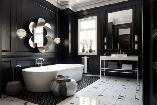 Sleek Black bathroom interior. Room mirror wall. Generate Ai