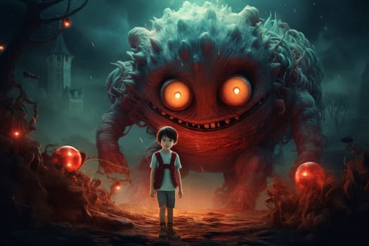 Monsters children fantasy. Kid art creepy dark forest. Generate Ai