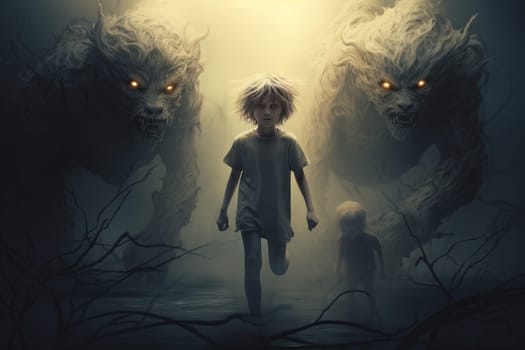 Mysterious Monsters children fantasy. Kid art creepy dark forest. Generate Ai