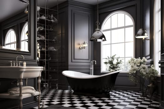 Modern Black bathroom interior. Room mirror wall. Generate Ai