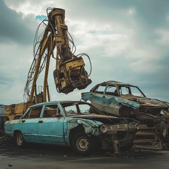 Abandoned cars being lifted by a crane claw in a neglected urban area