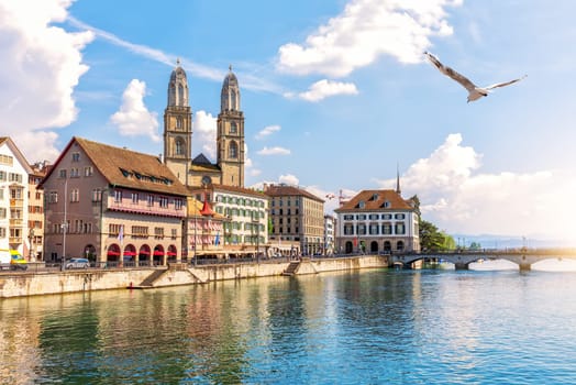 Grossmunster protestant church by the Minster bridge over the Limmat in the city of Z rich, Switzerland.