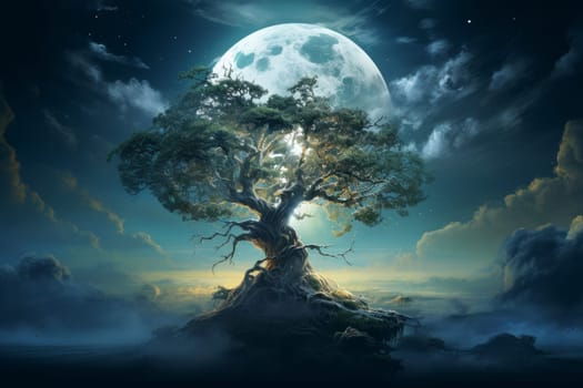 Serene Moon tree landscape. Dark mystery. Generate AI