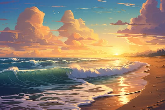 Tranquil Morning beach sunset. Sunny evening. Generate Ai