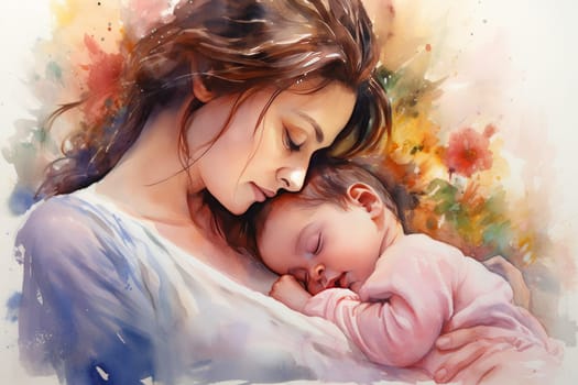 Vibrant Mother baby love watercolor. Happy mum. Fictional person. Generate Ai