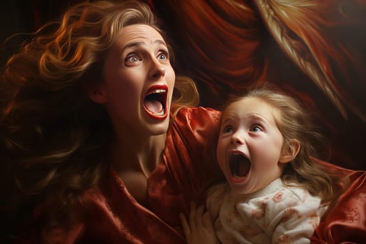 Terrified Mother and daughter screaming in face of fear. Family old conflict, social problem. Generate Ai