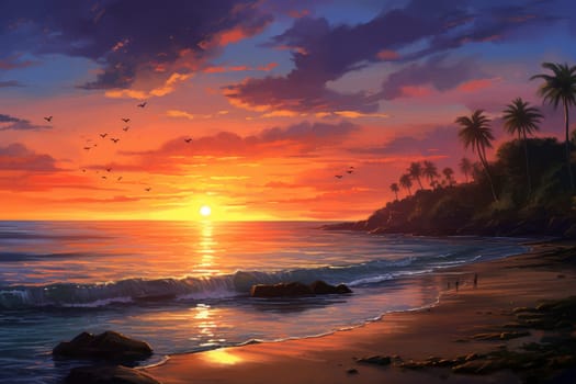 Picturesque Morning beach sunrise. Bright coastline. Generate Ai