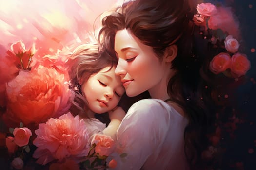Mother baby day watercolor. Body female. Fictional person. Generate Ai